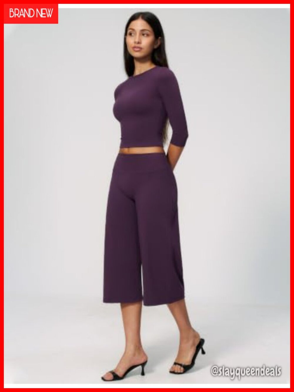 Women's Two Piece Workout Set 3/4 Sleeve Top Wide Leg Capri Pants Gym - Picture 5 of 6